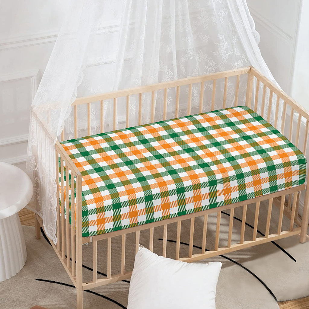 White Orange And Green Plaid Print Baby Crib Sheet