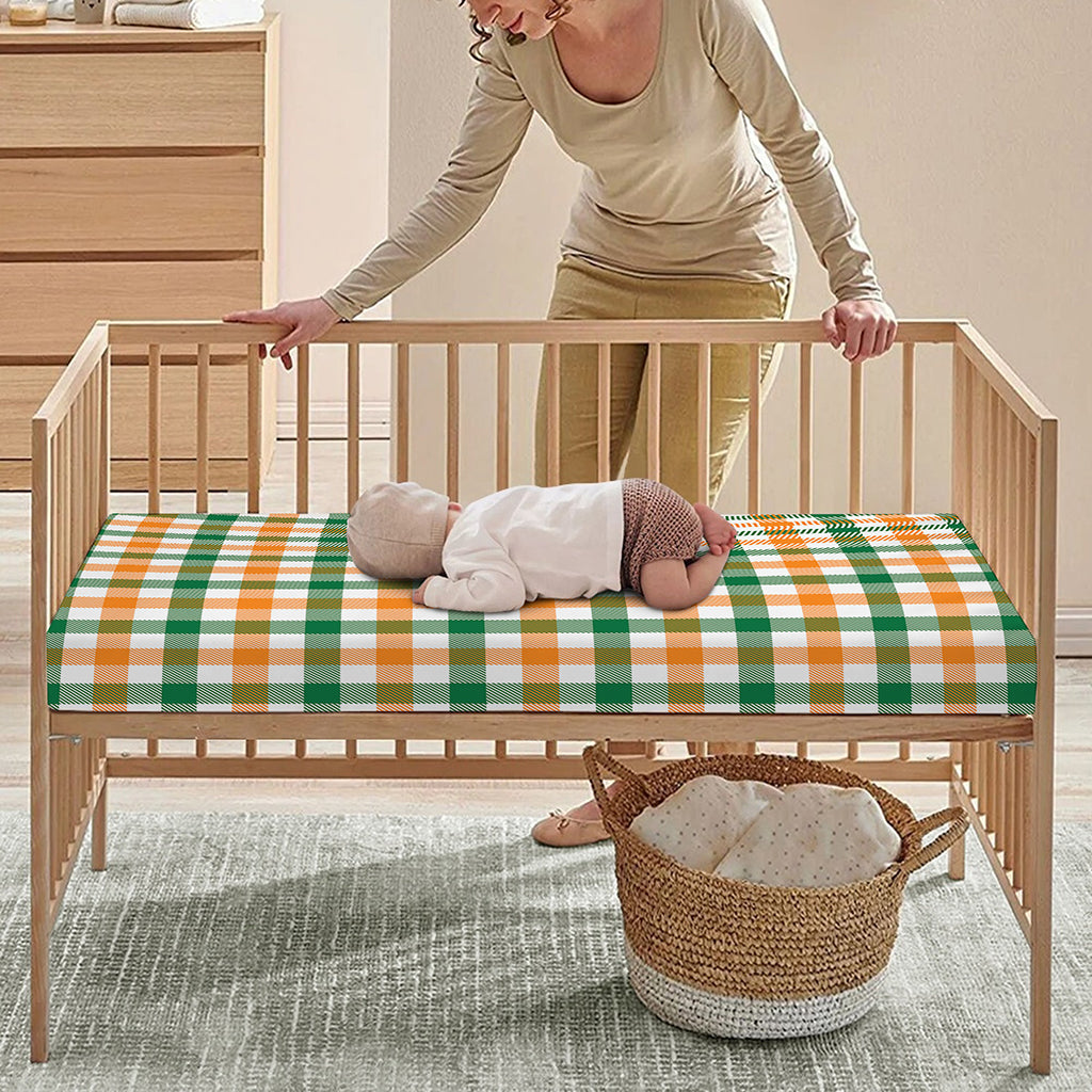 White Orange And Green Plaid Print Baby Crib Sheet