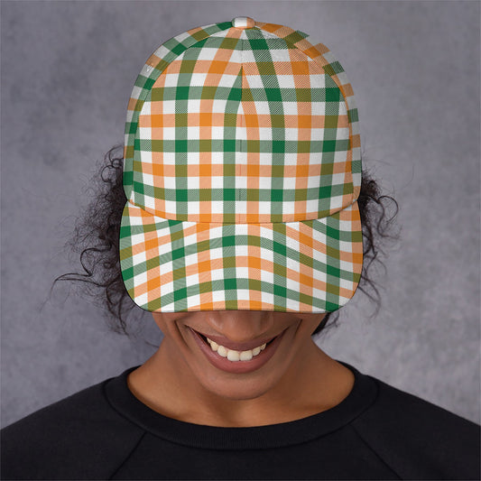 White Orange And Green Plaid Print Baseball Cap