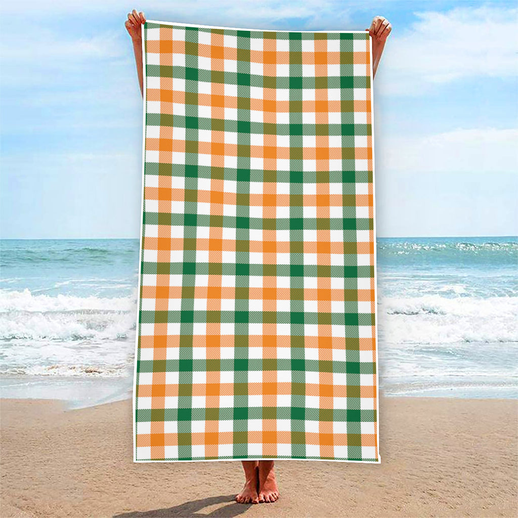 White Orange And Green Plaid Print Beach Towel