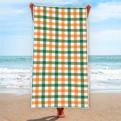 White Orange And Green Plaid Print Beach Towel