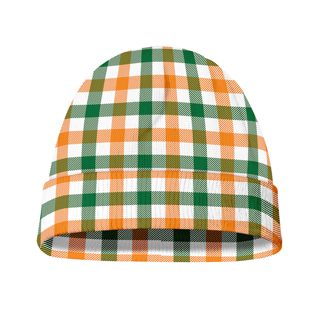 White Orange And Green Plaid Print Beanie