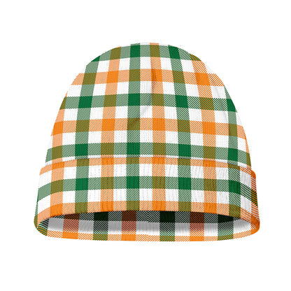 White Orange And Green Plaid Print Beanie