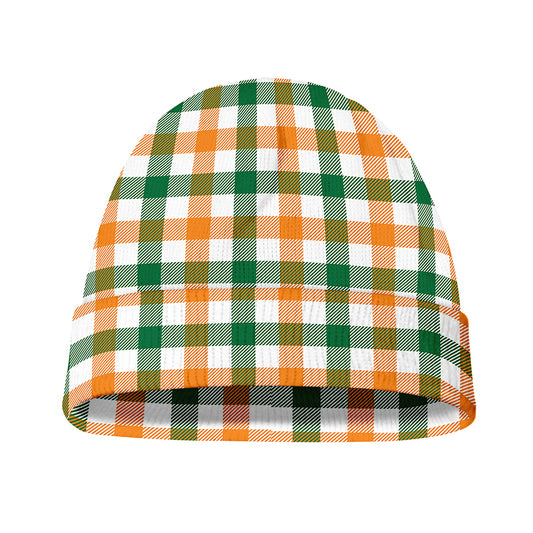 White Orange And Green Plaid Print Beanie