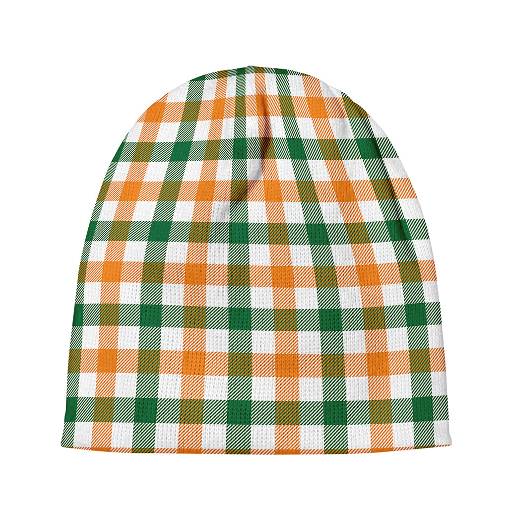 White Orange And Green Plaid Print Beanie