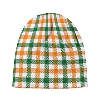 White Orange And Green Plaid Print Beanie