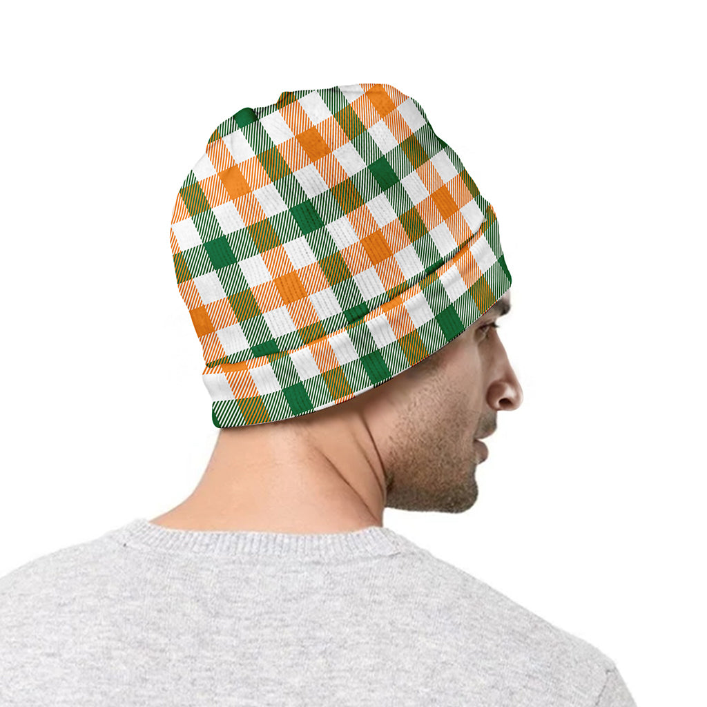 White Orange And Green Plaid Print Beanie