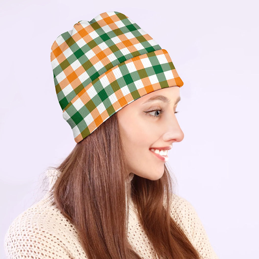 White Orange And Green Plaid Print Beanie