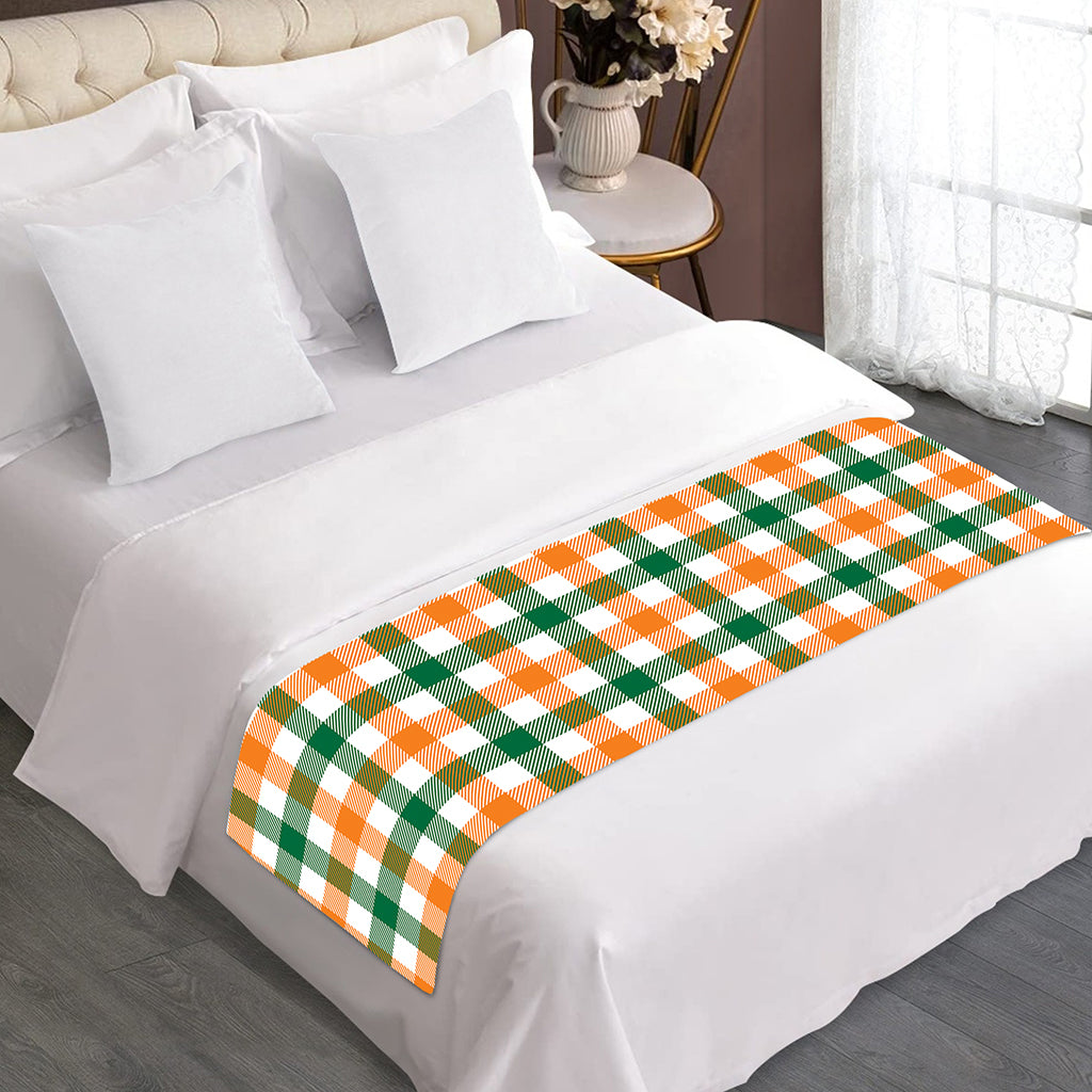 White Orange And Green Plaid Print Bed Runner