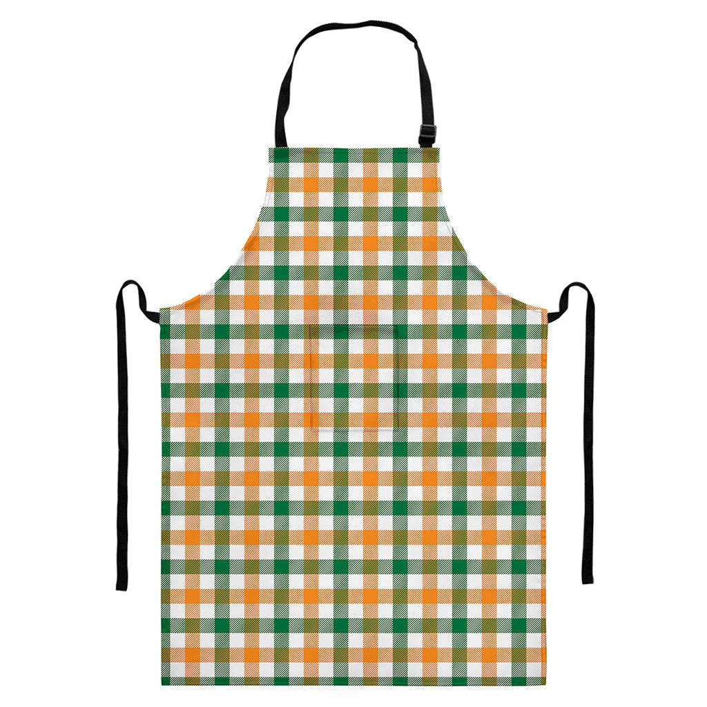 White Orange And Green Plaid Print Bib Apron With Pocket