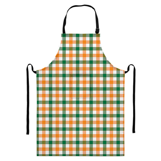 White Orange And Green Plaid Print Bib Apron With Pocket