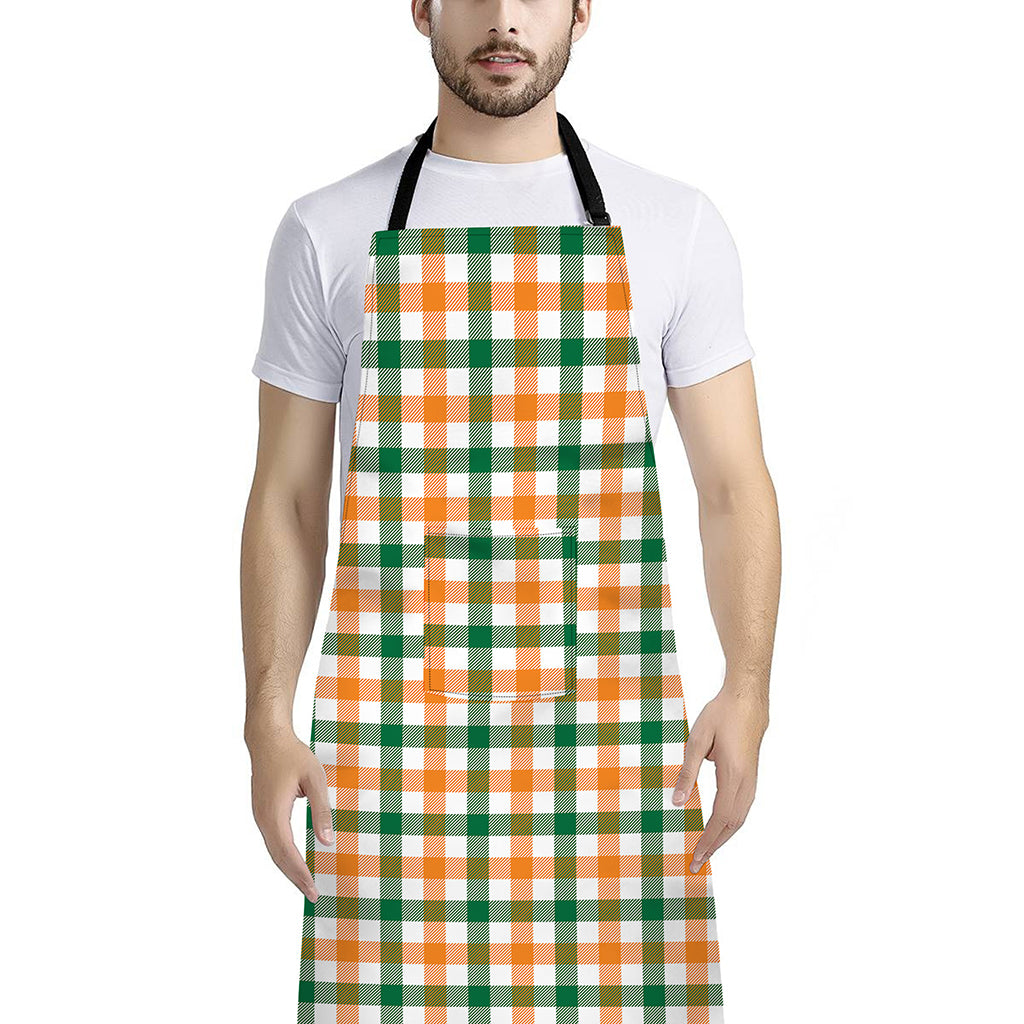White Orange And Green Plaid Print Bib Apron With Pocket