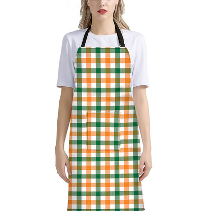 White Orange And Green Plaid Print Bib Apron With Pocket