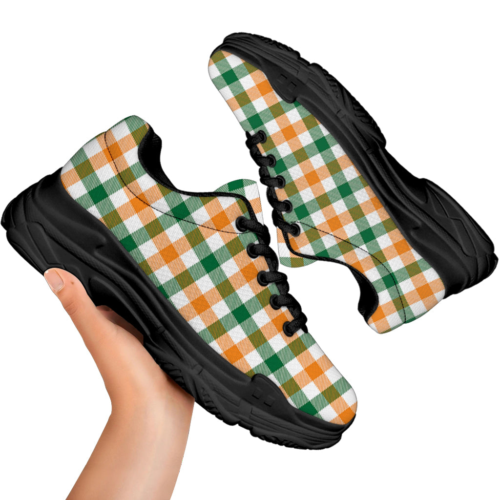White Orange And Green Plaid Print Black Chunky Shoes
