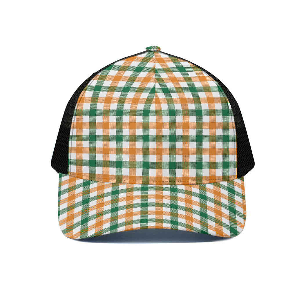 White Orange And Green Plaid Print Black Mesh Trucker Cap