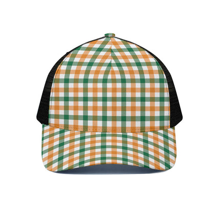 White Orange And Green Plaid Print Black Mesh Trucker Cap