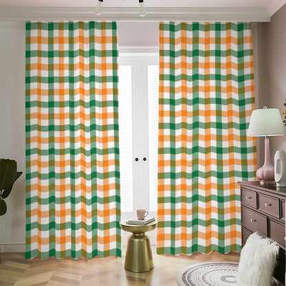 White Orange And Green Plaid Print Blackout Pencil Pleat Curtains