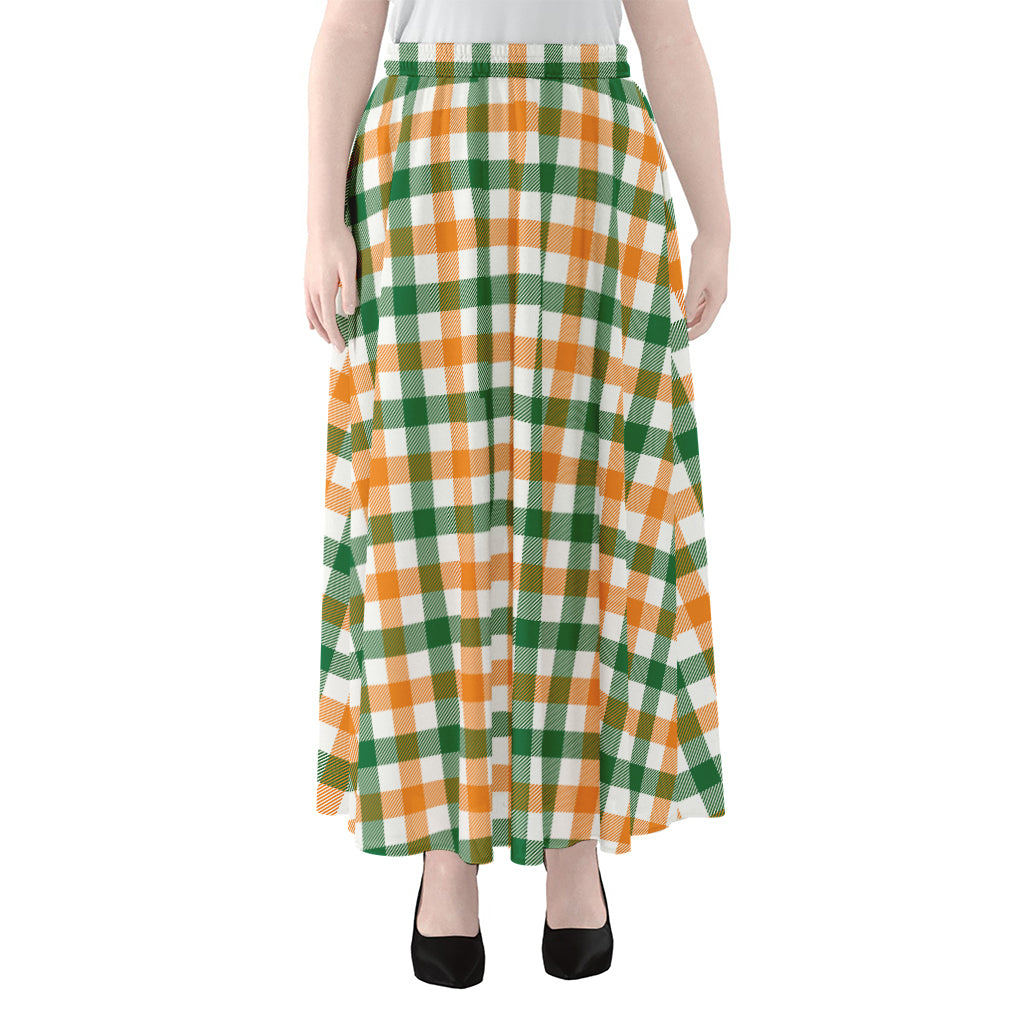 White Orange And Green Plaid Print Chiffon Maxi Skirt