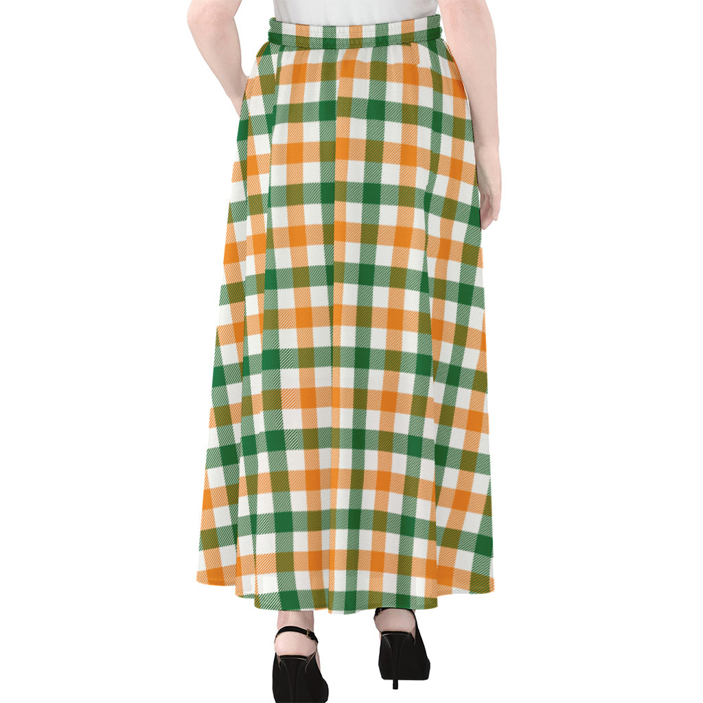 White Orange And Green Plaid Print Chiffon Maxi Skirt