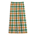 White Orange And Green Plaid Print Cotton Front Slit Maxi Skirt