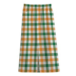 White Orange And Green Plaid Print Cotton Front Slit Maxi Skirt
