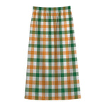White Orange And Green Plaid Print Cotton Front Slit Maxi Skirt