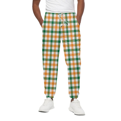 White Orange And Green Plaid Print Cotton Pants
