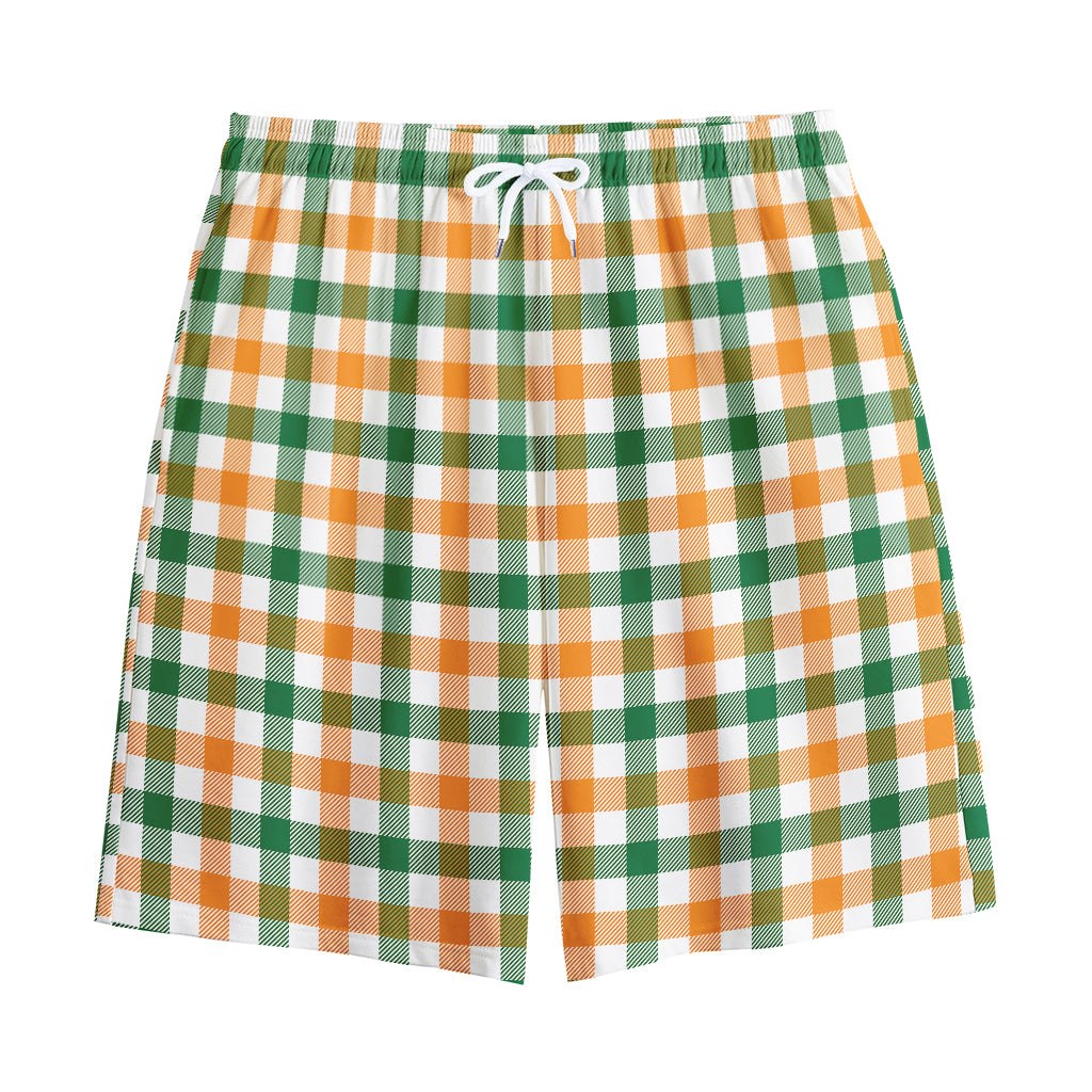 White Orange And Green Plaid Print Cotton Shorts