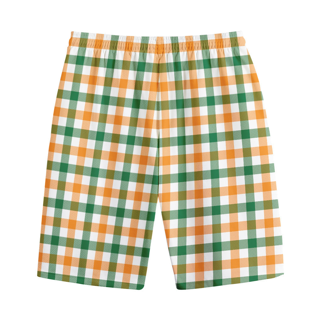 White Orange And Green Plaid Print Cotton Shorts