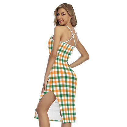 White Orange And Green Plaid Print Cross Back Cami Dress