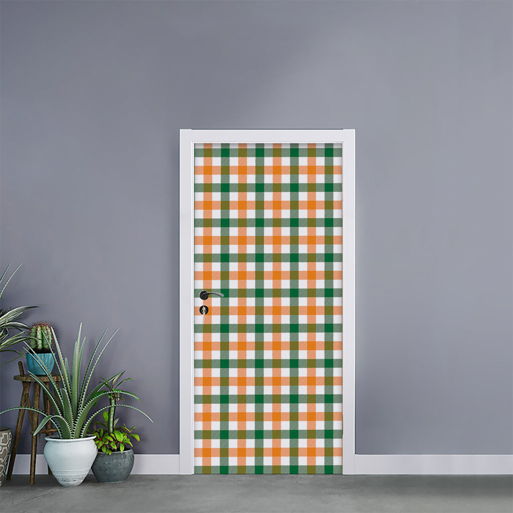 White Orange And Green Plaid Print Door Sticker