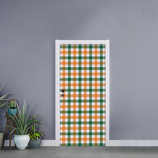 White Orange And Green Plaid Print Door Sticker