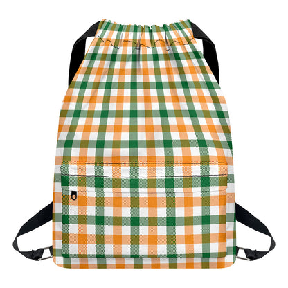 White Orange And Green Plaid Print Drawstring Backpack