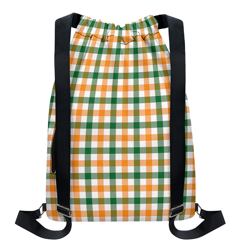 White Orange And Green Plaid Print Drawstring Backpack