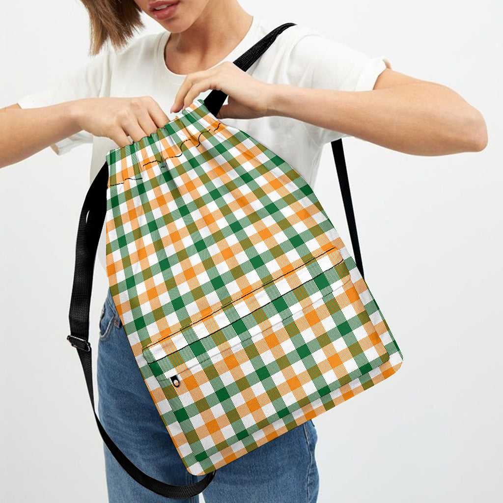 White Orange And Green Plaid Print Drawstring Backpack