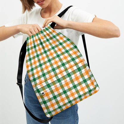 White Orange And Green Plaid Print Drawstring Backpack