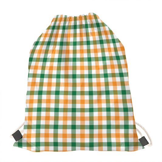 White Orange And Green Plaid Print Drawstring Bag