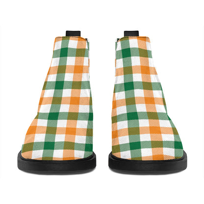 White Orange And Green Plaid Print Flat Ankle Boots