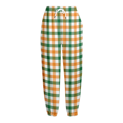 White Orange And Green Plaid Print Fleece Lined Knit Pants