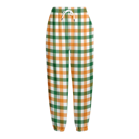 White Orange And Green Plaid Print Fleece Lined Knit Pants