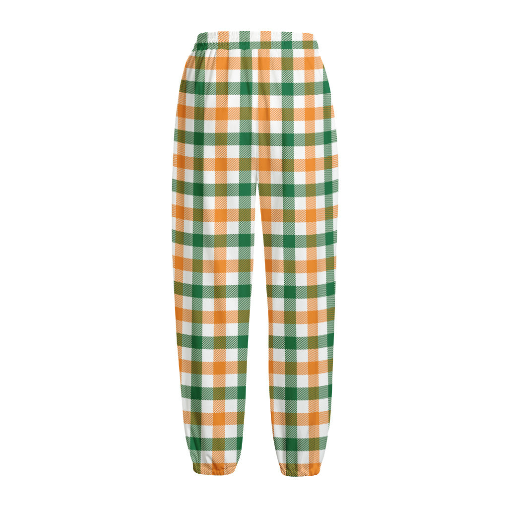 White Orange And Green Plaid Print Fleece Lined Knit Pants
