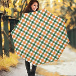 White Orange And Green Plaid Print Foldable Umbrella