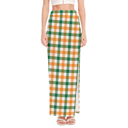 White Orange And Green Plaid Print High Slit Maxi Skirt