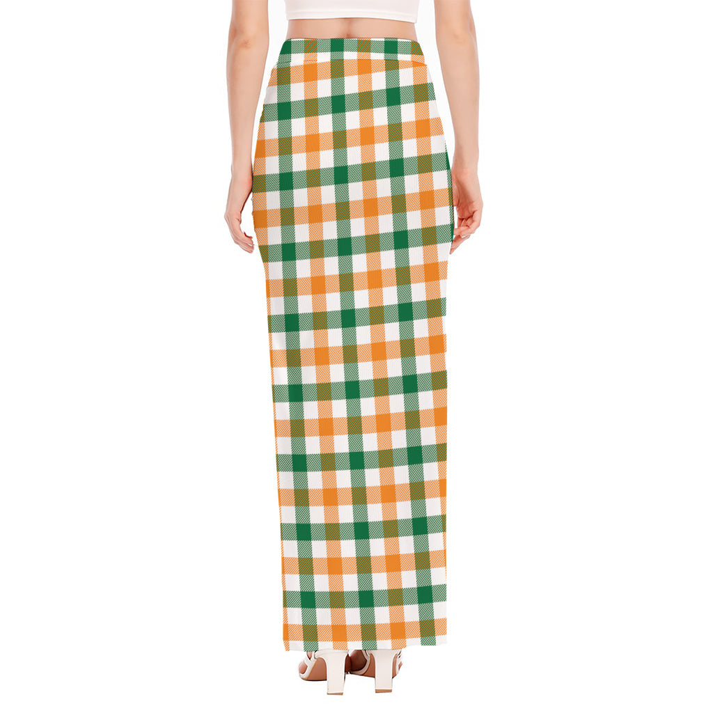 White Orange And Green Plaid Print High Slit Maxi Skirt