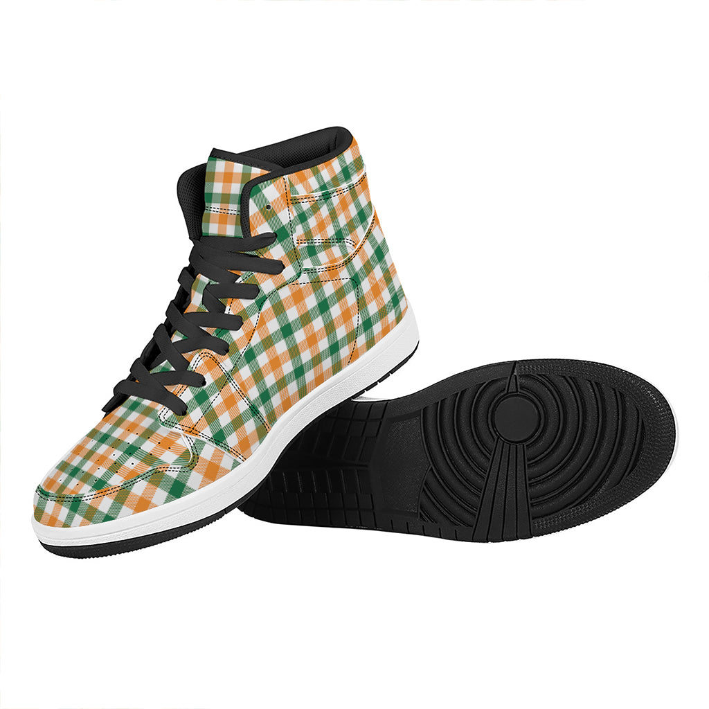 White Orange And Green Plaid Print High Top Leather Sneakers
