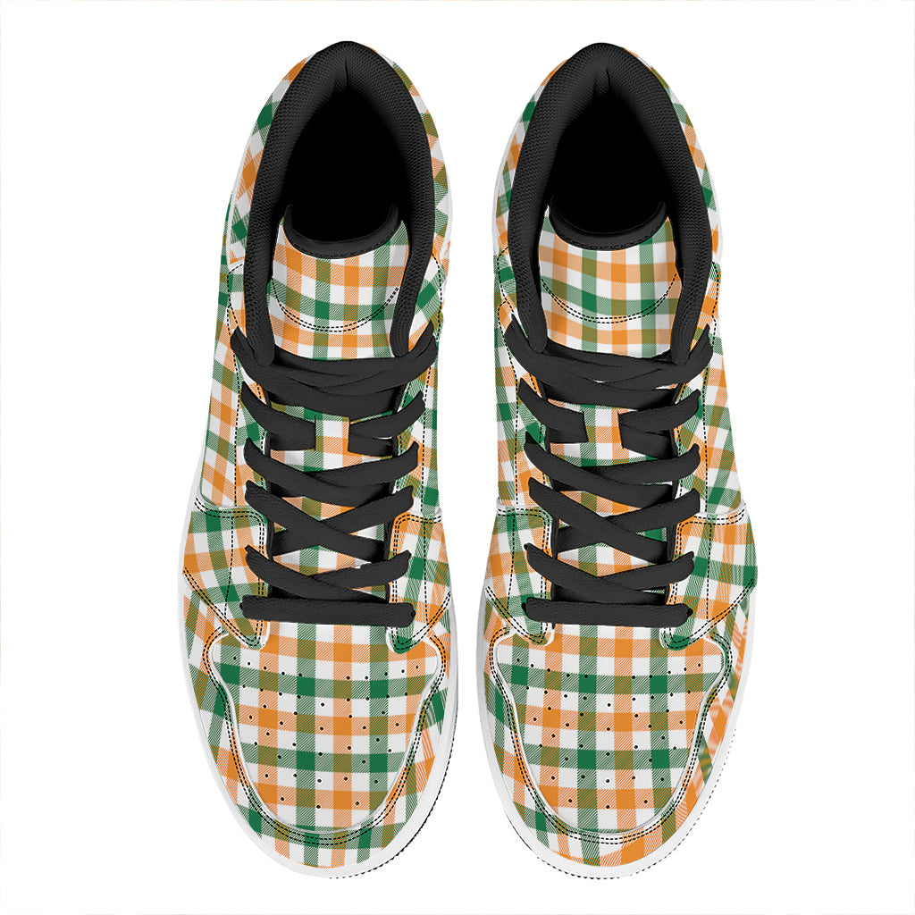 White Orange And Green Plaid Print High Top Leather Sneakers