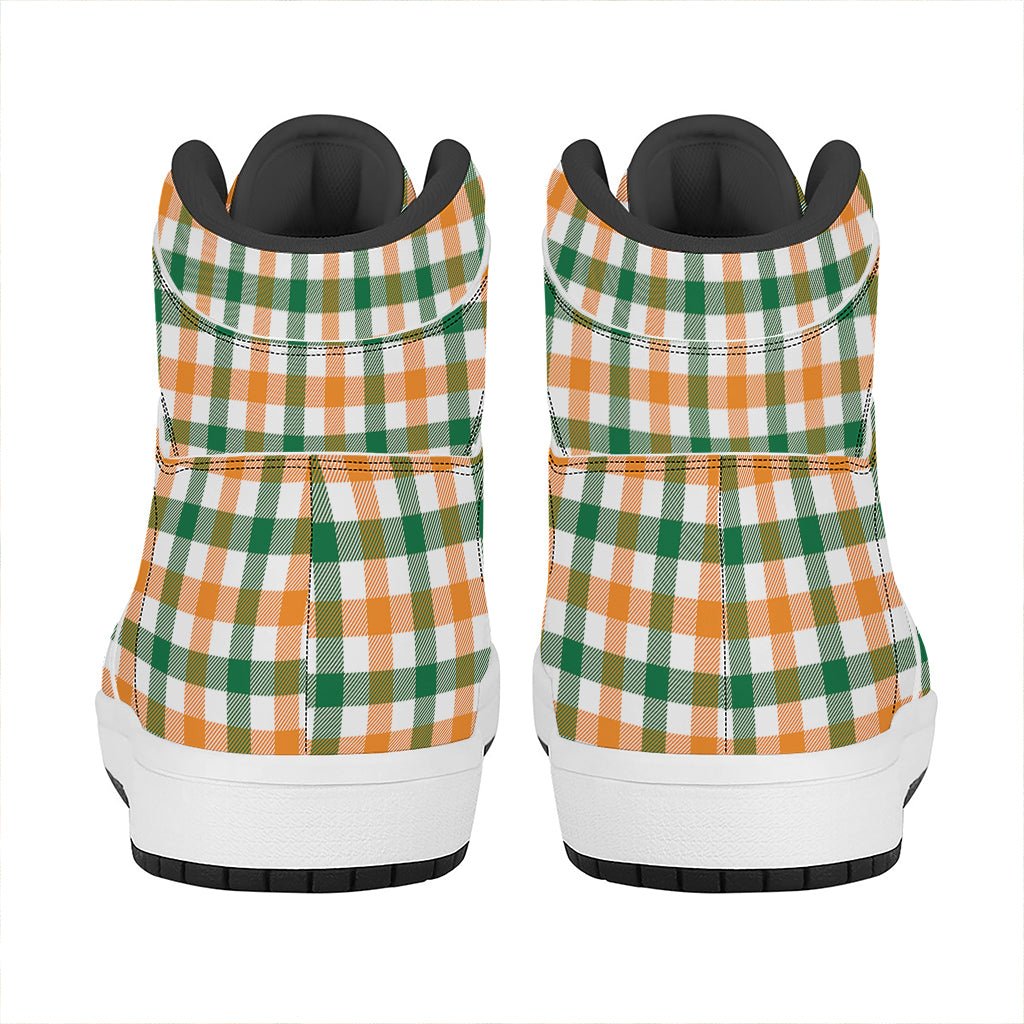 White Orange And Green Plaid Print High Top Leather Sneakers