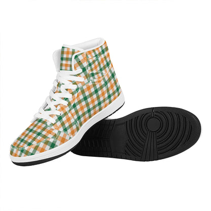 White Orange And Green Plaid Print High Top Leather Sneakers