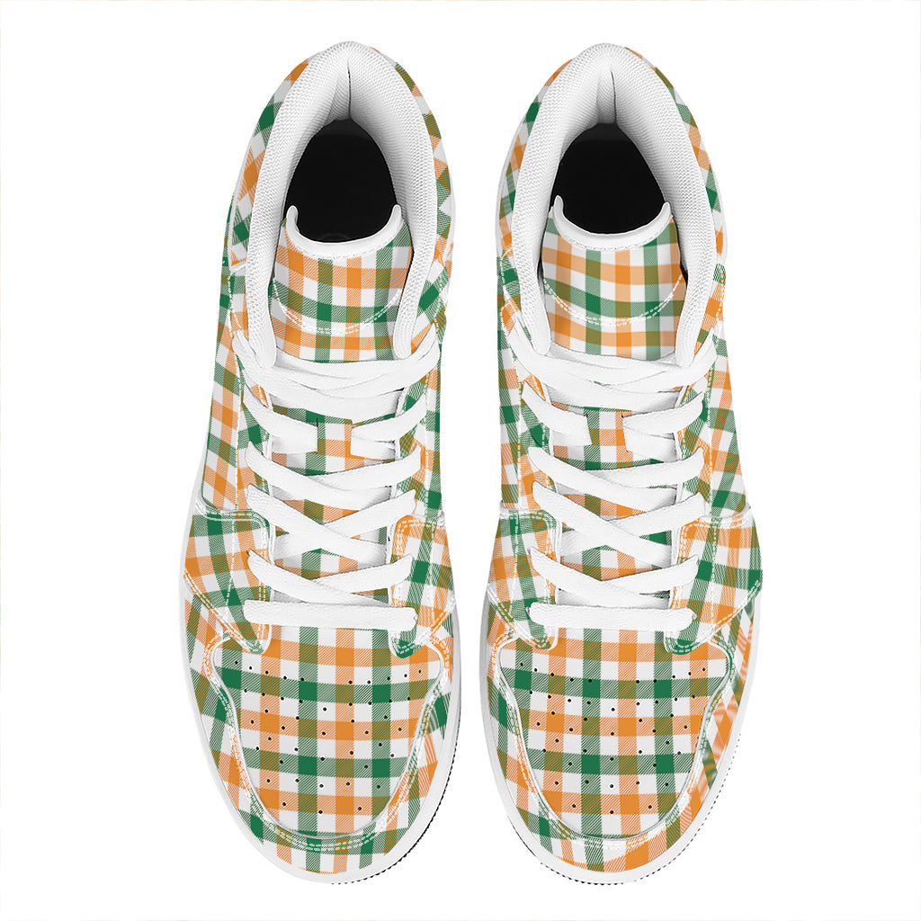 White Orange And Green Plaid Print High Top Leather Sneakers