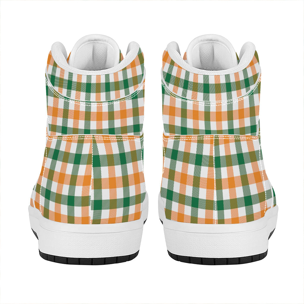 White Orange And Green Plaid Print High Top Leather Sneakers